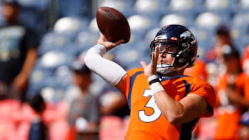 DENVER, COLORADO - SEPTEMBER 26: Quarterback Drew Lock #3 of the Denver Broncos warms up before the game againt the New York Jets at Empower Field At Mile High on September 26, 2021 in Denver, Colorado. (Photo by Justin Edmonds/Getty Images)