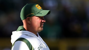 GREEN BAY, WISCONSIN - OCTOBER 24: Offensive coordinator Nathaniel Hackett of the Green Bay Packers watches action prior to a game against the Washington Football Team at Lambeau Field on October 24, 2021 in Green Bay, Wisconsin. (Photo by Stacy Revere/Getty Images)
