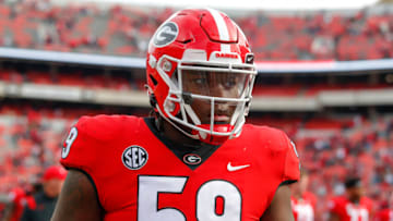 ATHENS, GA - NOVEMBER 06: Broderick Jones #59 of the Georgia Bulldogs leaves the field at the conclusion of the game against the Missouri Tigers at Sanford Stadium on November 6, 2021 in Athens, Georgia. (Photo by Todd Kirkland/Getty Images)