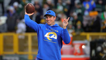 Denver Broncos offseason - Offensive Coordinator Kevin O'Connell of the Los Angeles Rams participates in warmups prior to a game against the Green Bay Packers at Lambeau Field on November 28, 2021 in Green Bay, Wisconsin. The Packers defeated the Rams 36-28. (Photo by Stacy Revere/Getty Images)