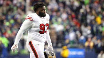 SEATTLE, WASHINGTON - DECEMBER 05: D.J. Jones #93 of the San Francisco 49ers reacts during the fourth quarter against the Seattle Seahawks at Lumen Field on December 05, 2021 in Seattle, Washington. (Photo by Abbie Parr/Getty Images)