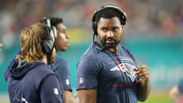 Denver Broncos: Inside Linebackers coach Jerod Mayo of the New England Patriots on the sidelines coaching against the Miami Dolphins during the second half at Hard Rock Stadium on January 09, 2022 in Miami Gardens, Florida. (Photo by Mark Brown/Getty Images)