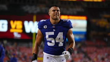 LANDOVER, MARYLAND - SEPTEMBER 16: Blake Martinez #54 of the New York Giants walks onto the field against the Washington Football Team prior to an NFL game at FedExField on September 16, 2021 in Landover, Maryland. (Photo by Cooper Neill/Getty Images)