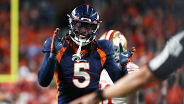 DENVER, CO - SEPTEMBER 25: Randy Gregory #5 of the Denver Broncos reacts to a play against the San Francisco 49ers at Empower Field At Mile High on September 25, 2022 in Denver, Colorado. (Photo by Jamie Schwaberow/Getty Images)