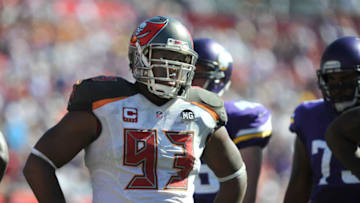 TAMPA, FL - OCTOBER 26: Defensive tackle Gerald McCoy #93 of the Tampa Bay Buccaneers stands on the field during a timeout against the Minnesota Vikings in the third quarter at Raymond James Stadium on October 26, 2014 in Tampa, Florida. (Photo by Cliff McBride/Getty Images)
