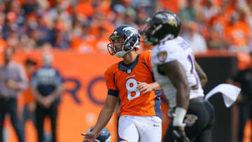DENVER, CO - SEPTEMBER 13: Kicker Brandon McManus #8 of the Denver Broncos watches the flight of a 57-yard field goal scored against the Baltimore Ravens in the first quarter of a game at Sports Authority Field at Mile High on September 13, 2015 in Denver, Colorado. (Photo by Justin Edmonds/Getty Images)
