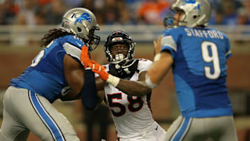 DETROIT, MI - SEPTEMBER 27: Outside linebacker Von Miller #58 of the Denver Broncos battles against the block of tackle LaAdrian Waddle #66 of the Detroit Lions as he pursues quarterback Matthew Stafford #9 of the Detroit Lions at Ford Field on September 27, 2015 in Detroit, Michigan. The Broncos defeated the Lions 24-12. (Photo by Doug Pensinger/Getty Images)