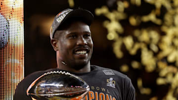 SANTA CLARA, CA - FEBRUARY 07: Super Bowl MVP Von Miller #58 of the Denver Broncos celebrates with the Vince Lombardi Trophy after winning Super Bowl 50 at Levi's Stadium on February 7, 2016 in Santa Clara, California. The Broncos defeated the Panthers 24-10. (Photo by Patrick Smith/Getty Images)
