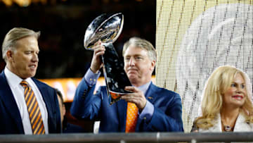SANTA CLARA, CA - FEBRUARY 07: Denver Broncos President, Chairman and CEO Joe Ellis holds up the Vince Lombardi Trophy after defeating the Carolina Panthers during Super Bowl 50 at Levi's Stadium on February 7, 2016 in Santa Clara, California. The Broncos defeated the Panthers 24-10. (Photo by Ezra Shaw/Getty Images)