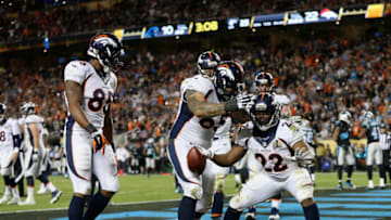 SANTA CLARA, CA - FEBRUARY 07: C.J. Anderson #22 of the Denver Broncoscelebrates in the endzone during Super Bowl 50 against the Carolina Panthers at Levi's Stadium on February 7, 2016 in Santa Clara, California. (Photo by Patrick Smith/Getty Images)