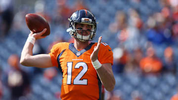 DENVER, CO - OCTOBER 9: Denver Broncos quarterback Paxton Lynch #12 practices throwing before the game against the Atlanta Falcons at Sports Authority Field at Mile High on October 9, 2016 in Denver, Colorado. (Photo by Justin Edmonds/Getty Images)