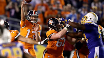 SAN DIEGO, CA - OCTOBER 13: Trevor Siemian #13 passes the ball as Matt Paradis #61 of the Denver Broncos blocks during the second half of a game against the San Diego Chargers at Qualcomm Stadium on October 13, 2016 in San Diego, California. (Photo by Sean M. Haffey/Getty Images)