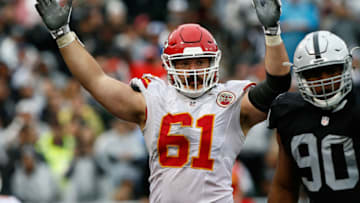 OAKLAND, CA - OCTOBER 16: Mitch Morse #61 of the Kansas City Chiefs reacts after a play against the Oakland Raiders during their NFL game at Oakland-Alameda County Coliseum on October 16, 2016 in Oakland, California. (Photo by Brian Bahr/Getty Images)