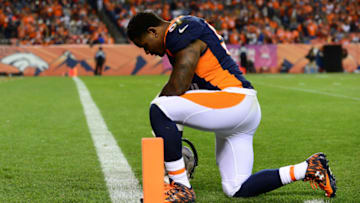 DENVER, CO - OCTOBER 24: Inside linebacker Todd Davis #51 of the Denver Broncos takes a knee at the goal line after returning from half time of the game against the Houston Texans at Sports Authority Field at Mile High on October 24, 2016 in Denver, Colorado. (Photo by Dustin Bradford/Getty Images)