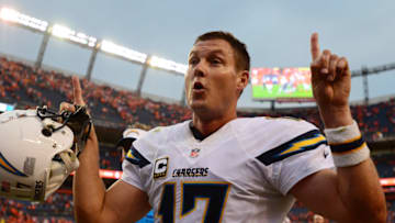 DENVER, CO - OCTOBER 30: Quarterback Philip Rivers #17 of the San Diego Chargers gestures with his hands to say the Chargers are 1-1 after losing to the Denver Broncos 27-19 at Sports Authority Field at Mile High on October 30, 2016 in Denver, Colorado. (Photo by Dustin Bradford/Getty Images)