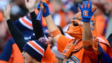 DENVER, CO - JANUARY 1: A costumed Denver Broncos fan during the second quarter of the game against the Oakland Raiders at Sports Authority Field at Mile High on January 1, 2017 in Denver, Colorado. (Photo by Dustin Bradford/Getty Images)
