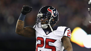 FOXBORO, MA - JANUARY 14: Kareem Jackson #25 of the Houston Texans reacts in the first half against the New England Patriots during the AFC Divisional Playoff Game at Gillette Stadium on January 14, 2017 in Foxboro, Massachusetts. (Photo by Elsa/Getty Images)
