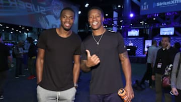 HOUSTON, TX - FEBRUARY 02: Denver Broncos wide receiver Demaryius Thomas, right, and Cincinnati Bengals wide receiver A.J. Green visit the SiriusXM set at Super Bowl 51 Radio Row at the George R. Brown Convention Center on February 2, 2017 in Houston, Texas. (Photo by Cindy Ord/Getty Images for Sirius XM)