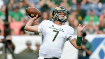 DENVER, CO - SEPTEMBER 1: Quarterback Nick Stevens #7 of the Colorado State Rams passes against the Colorado Buffaloes in the first half of a game at Sports Authority Field at Mile High on September 1, 2017 in Denver, Colorado. (Photo by Dustin Bradford/Getty Images)