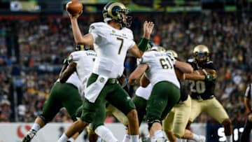DENVER, CO - SEPTEMBER 1: Quarterback Nick Stevens #7 of the Colorado State Rams passes against the Colorado State Rams in the first half of a game at Sports Authority Field at Mile High on September 1, 2017 in Denver, Colorado. (Photo by Dustin Bradford/Getty Images)
