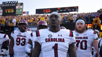 COLUMBIA, MO - SEPTEMBER 9: Deebo Samuel #1 of the South Carolina Gamecocks waits with teammate to take to the field prior to a game against the Missouri Tigers in the first quarter at Memorial Stadium on September 9, 2017 in Columbia, Missouri. (Photo by Ed Zurga/Getty Images)