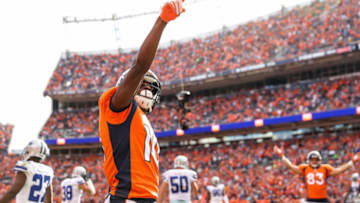 DENVER, CO - SEPTEMBER 17: Wide receiver Emmanuel Sanders #10 of the Denver Broncos celebrates after scoring a second quarter six yard touchdown on a pass play against the Dallas Cowboys at Sports Authority Field at Mile High on September 17, 2017 in Denver, Colorado. (Photo by Matthew Stockman/Getty Images)