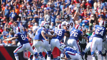 ORCHARD PARK, NY - SEPTEMBER 24: Stephen Hauschka #4 of the Buffalo Bills attempts a field goeal during the second quarter of an NFL game against the Denver Broncos on September 24, 2017 at New Era Field in Orchard Park, New York. (Photo by Tom Szczerbowski/Getty Images)