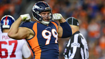 DENVER, CO - OCTOBER 15: Defensive end Adam Gotsis #99 of the Denver Broncos celebrates after a sack against the New York Giants at Sports Authority Field at Mile High on October 15, 2017 in Denver, Colorado. (Photo by Dustin Bradford/Getty Images)