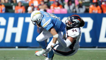 CARSON, CA - OCTOBER 22: Domata Peko #94 of the Denver Broncos sacks quarterback Philip Rivers #17 of the Los Angeles Chargers during the third quarter of the game at the StubHub Center on October 22, 2017 in Carson, California. (Photo by Jeff Gross/Getty Images)