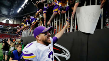 ATLANTA, GA - DECEMBER 03: Case Keenum #7 of the Minnesota Vikings celebrates beating the Atlanta Falcons with fans at Mercedes-Benz Stadium on December 3, 2017 in Atlanta, Georgia. (Photo by Kevin C. Cox/Getty Images)