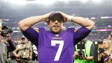 MINNEAPOLIS, MN - JANUARY 14: Case Keenum #7 of the Minnesota Vikings celebrates after defeating the New Orleans Saints in the NFC Divisional Playoff game at U.S. Bank Stadium on January 14, 2018 in Minneapolis, Minnesota. (Photo by Jamie Squire/Getty Images)