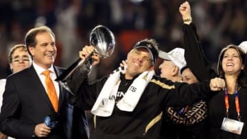 MIAMI GARDENS, FL - FEBRUARY 07: Head coach Sean Payton of the New Orleans Saints celebrates with the Vince Lombardi Trophy after his team defeated the Indianapolis Colts during Super Bowl XLIV on February 7, 2010 at Sun Life Stadium in Miami Gardens, Florida. (Photo by Ronald Martinez/Getty Images)