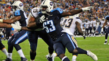 NASHVILLE, TN - AUGUST 13: Deiontrez Mount #53 of the Tennessee Titans rushes against Chris Hairston #75 during the first half at Nissan Stadium on August 13, 2016 in Nashville, Tennessee. (Photo by Frederick Breedon/Getty Images)