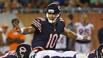 CHICAGO, IL - AUGUST 10: Mitchell Trubisky #10 of the Chicago Bears call signals against the Denver Broncos during a preseason game at Soldier Field on August 10, 2017 in Chicago, Illinois. The Broncos defeated the Bears 24-17. (Photo by Jonathan Daniel/Getty Images)