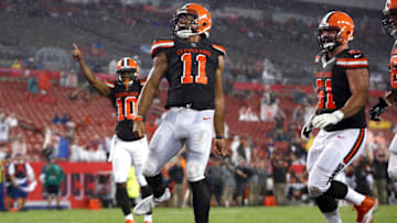 TAMPA, FL - AUGUST 26: Wide receiver Jordan Leslie #11 of the Cleveland Browns celebrates after hauling in a 5 yard pass from quarterback Kevin Hogan for the touchdown during the fourth quarter of an NFL preseason football game against the Tampa Bay Buccaneers on August 26, 2017 at Raymond James Stadium in Tampa, Florida. (Photo by Brian Blanco/Getty Images)