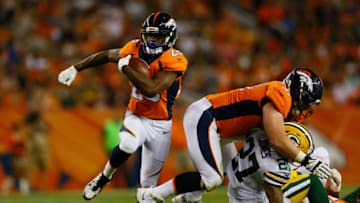 DENVER, CO - AUGUST 26: Running back Jamaal Charles #28 of the Denver Broncos runs with the football for a first down in the second quarter of a Preseason game against the Green Bay Packers at Sports Authority Field at Mile High on August 26, 2017 in Denver, Colorado. (Photo by Justin Edmonds/Getty Images)
