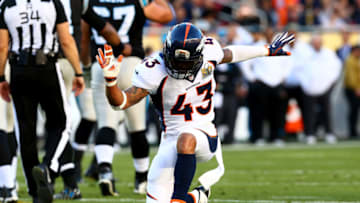 SANTA CLARA, CA - FEBRUARY 07: T.J. Ward #43 of the Denver Broncos reacts after a play against the Carolina Panthers in the first quarter during Super Bowl 50 at Levi's Stadium on February 7, 2016 in Santa Clara, California. (Photo by Ronald Martinez/Getty Images)