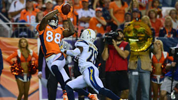 DENVER, CO - SEPTEMBER 11: Wide receiver Demaryius Thomas #88 of the Denver Broncos catches a deep pass over cornerback Casey Hayward #26 of the Los Angeles Chargers in the third quarter at Sports Authority Field at Mile High on September 11, 2017 in Denver, Colorado. (Photo by Dustin Bradford/Getty Images)
