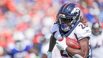 ORCHARD PARK, NY - SEPTEMBER 24: Jamaal Charles #28 of the Denver Broncos runs the ball during an NFL game against the Buffalo Bills on September 24, 2017 at New Era Field in Orchard Park, New York. (Photo by Brett Carlsen/Getty Images)
