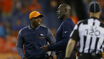 DENVER, CO - SEPTEMBER 11: Head coach Vance Joseph of the Denver Broncos talks with head coach Anthony Lynn of the Los Angeles Chargers at Sports Authority Field at Mile High on September 11, 2017 in Denver, Colorado. (Photo by Justin Edmonds/Getty Images)