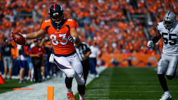 DENVER, CO - OCTOBER 1: Tight end A.J. Derby #83 of the Denver Broncos crosses the goal line for a touchdown in the first quarter of a game against the Oakland Raiders at Sports Authority Field at Mile High on October 1, 2017 in Denver, Colorado. (Photo by Justin Edmonds/Getty Images)