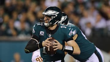 PHILADELPHIA, PA - OCTOBER 23: Quarterback Carson Wentz #11 of the Philadelphia Eagles scrambles in against the Washington Redskins during the first quarter of the game at Lincoln Financial Field on October 23, 2017 in Philadelphia, Pennsylvania. (Photo by Elsa/Getty Images)
