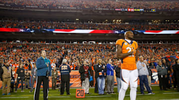 DENVER, CO - NOVEMBER 12: Cornerback Aqib Talib #21 of the Denver Broncos stands on the field during the national anthem before a game against the New England Patriots at Sports Authority Field at Mile High on November 12, 2017 in Denver, Colorado. (Photo by Justin Edmonds/Getty Images)