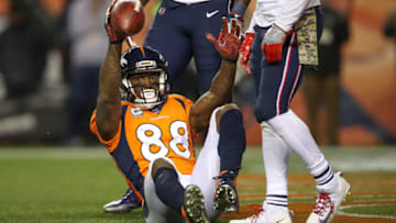 DENVER, CO - NOVEMBER 13: Wide receiver Demaryius Thomas #88 of the Denver Broncos begins to celebrate after a third quarter touchdown catch against the New England Patriots at Sports Authority Field at Mile High on November 13, 2017 in Denver, Colorado. (Photo by Matthew Stockman/Getty Images)