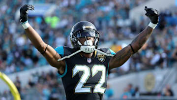 JACKSONVILLE, FL - NOVEMBER 12: Aaron Colvin #22 of the Jacksonville Jaguars celebrates a play in the second half of their game against the Los Angeles Chargers at EverBank Field on November 12, 2017 in Jacksonville, Florida. (Photo by Sam Greenwood/Getty Images)