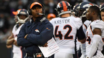 OAKLAND, CA - NOVEMBER 26: Head coach Vance Joseph of the Denver Broncos watches a replay during their NFL game against the Oakland Raiders at Oakland-Alameda County Coliseum on November 26, 2017 in Oakland, California. (Photo by Robert Reiners/Getty Images)