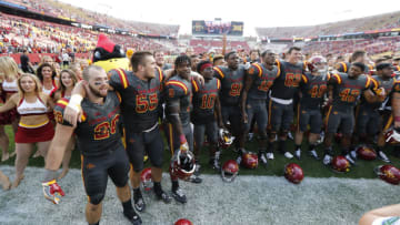 AMES, IA - SEPTEMBER 24: The Iowa State Cyclones celebrate their 44-10 win over the San Jose State Spartans in the end zone at Jack Trice Stadium on September 24, 2016 in Ames, Iowa. The Iowa State Cyclones won 44-10 over the San Jose State Spartans.(Photo by David Purdy/Getty Images)
