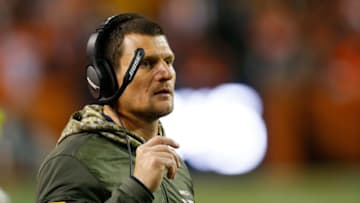 DENVER, CO - NOVEMBER 12: Special teams coach Brock Olivo of the Denver Broncos works on the sideline during a game against the New England Patriots at Sports Authority Field at Mile High on November 12, 2017 in Denver, Colorado. (Photo by Justin Edmonds/Getty Images)