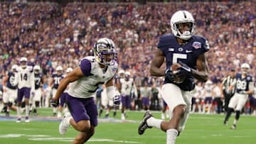 GLENDALE, AZ - DECEMBER 30: Wide receiver DaeSean Hamilton #5 of the Penn State Nittany Lions Lions catches a 48 yard touchdown reception past defensive back Myles Bryant #5 of the Washington Huskies during the first half of the Playstation Fiesta Bowl at University of Phoenix Stadium on December 30, 2017 in Glendale, Arizona. (Photo by Christian Petersen/Getty Images)