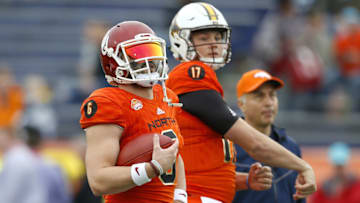 MOBILE, AL - JANUARY 27: Baker Mayfield #6 of the North team and Josh Allen #17 warm up before the Reese's Senior Bowl at Ladd-Peebles Stadium on January 27, 2018 in Mobile, Alabama. (Photo by Jonathan Bachman/Getty Images)